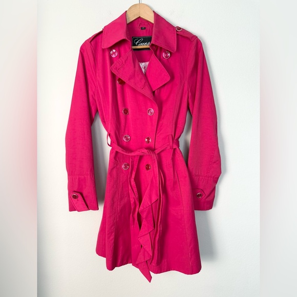 Guess Trench Coat Hot Pink Womens Size Large Maximalism Glam Barbie Iconic Retro - Picture 1 of 13